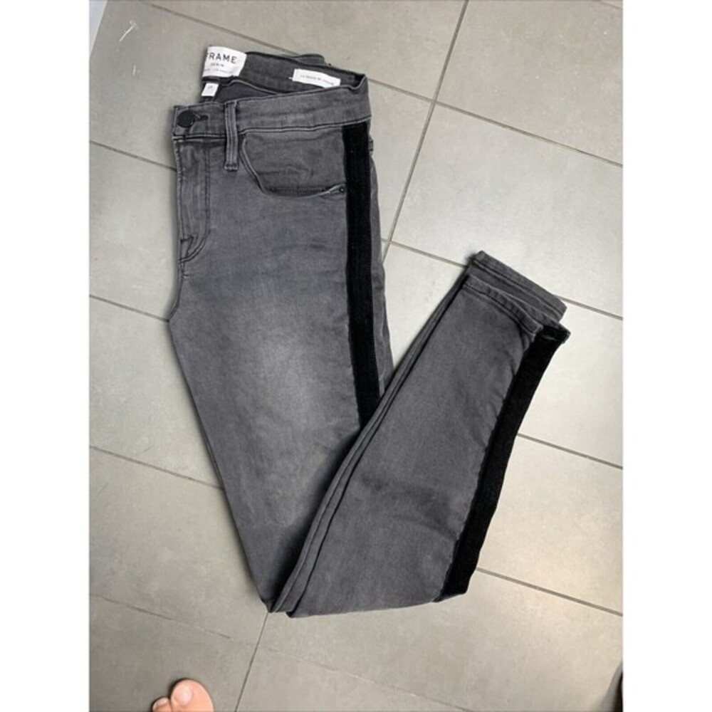 FRAME Le Skinny De Jeanne Gray Velvet Tuxedo Stripe Jeans Size 25 Skinny Leg